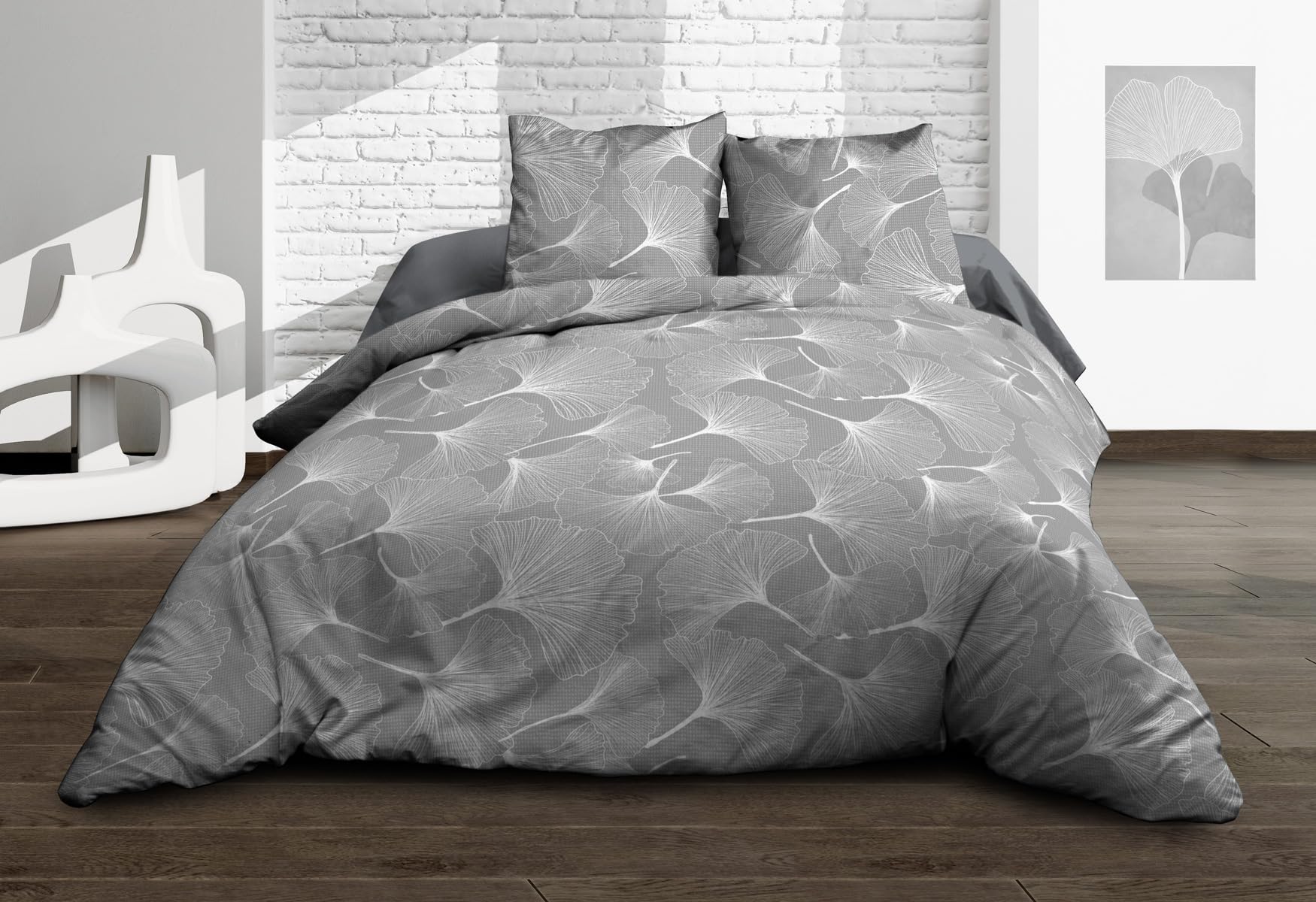 Biloba Grey Flat Sheet + Fitted Sheet 160 x 200 cm + 2 T Sheets - Pure Cotton 57 Thread Count