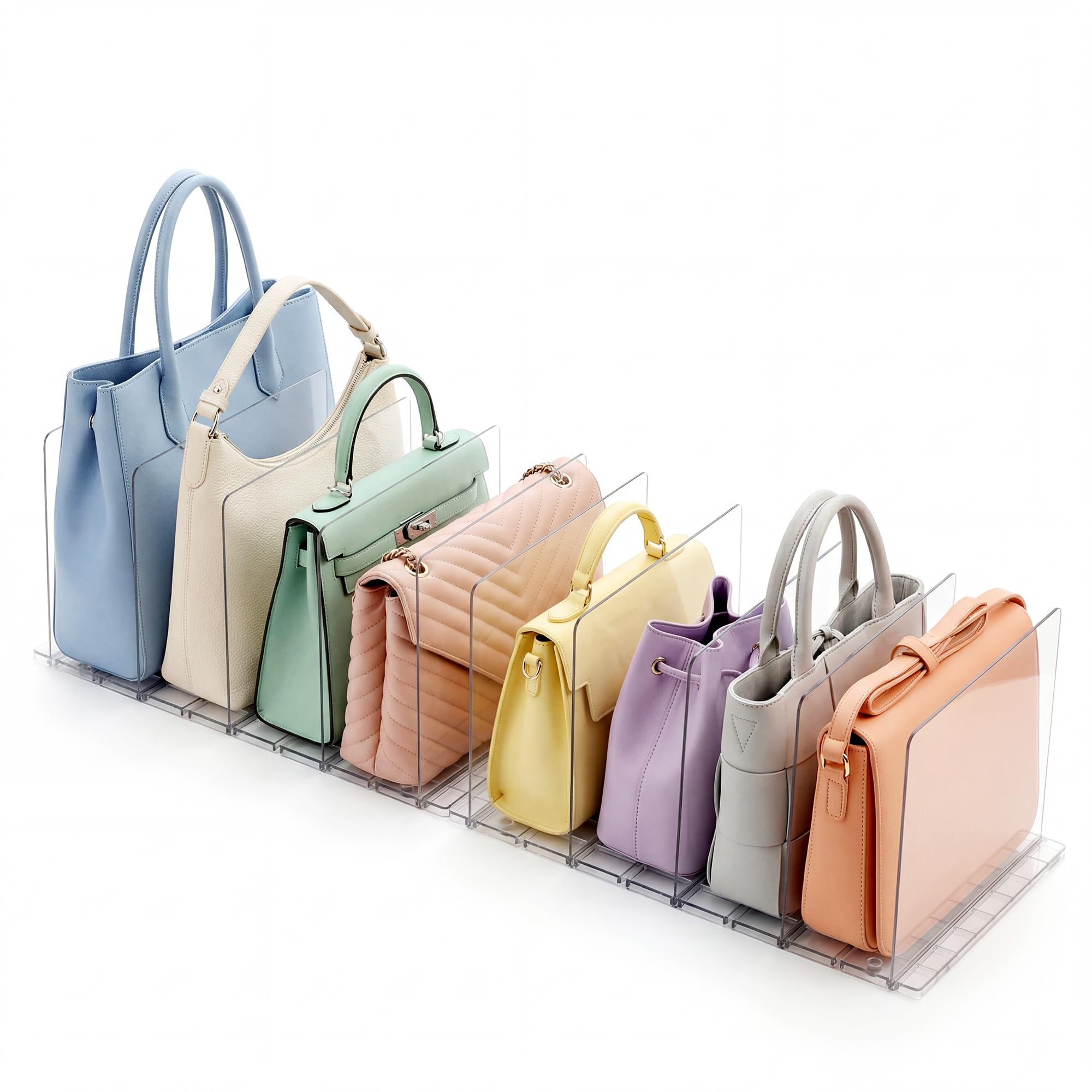 Lot de 10 Rangement Sac à Main, Organisateur Sac à Main en Acrylique Transparent, Separateur Etagere D'étagères Réglables avec Base Rainurée pour Chambre, Cuisine, Bureau, Salle de Bain