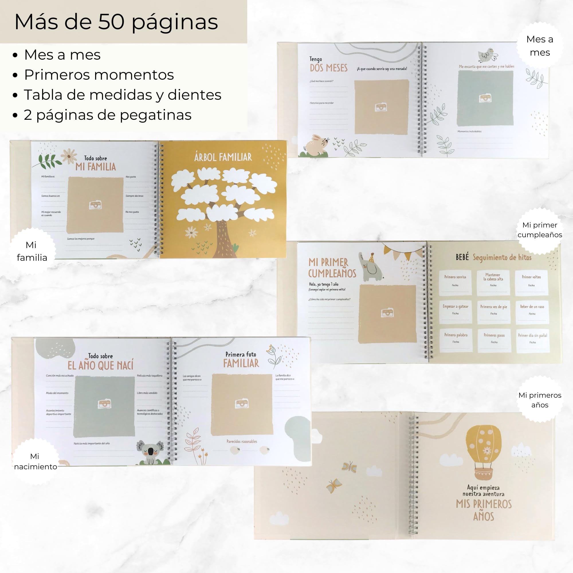 HUBORNS – Libro de recuerdos del bebé desde el nacimiento hasta los 5 años, álbum de fotos y diario para anotar momentos especiales, regalo ideal para padres primerizos y baby shower — view 6