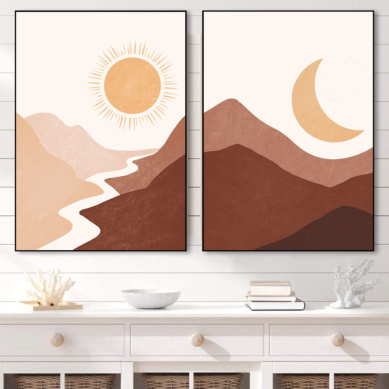 Boho Mountains Wall Art Sun and Moon Canvas Wall Art Boho Posters and Prints for Bedroom Mid Century Modern Wall Art Terracotta Canvas Boho Landscape Art for Living Room Decor 20x28inchx2 No Frame