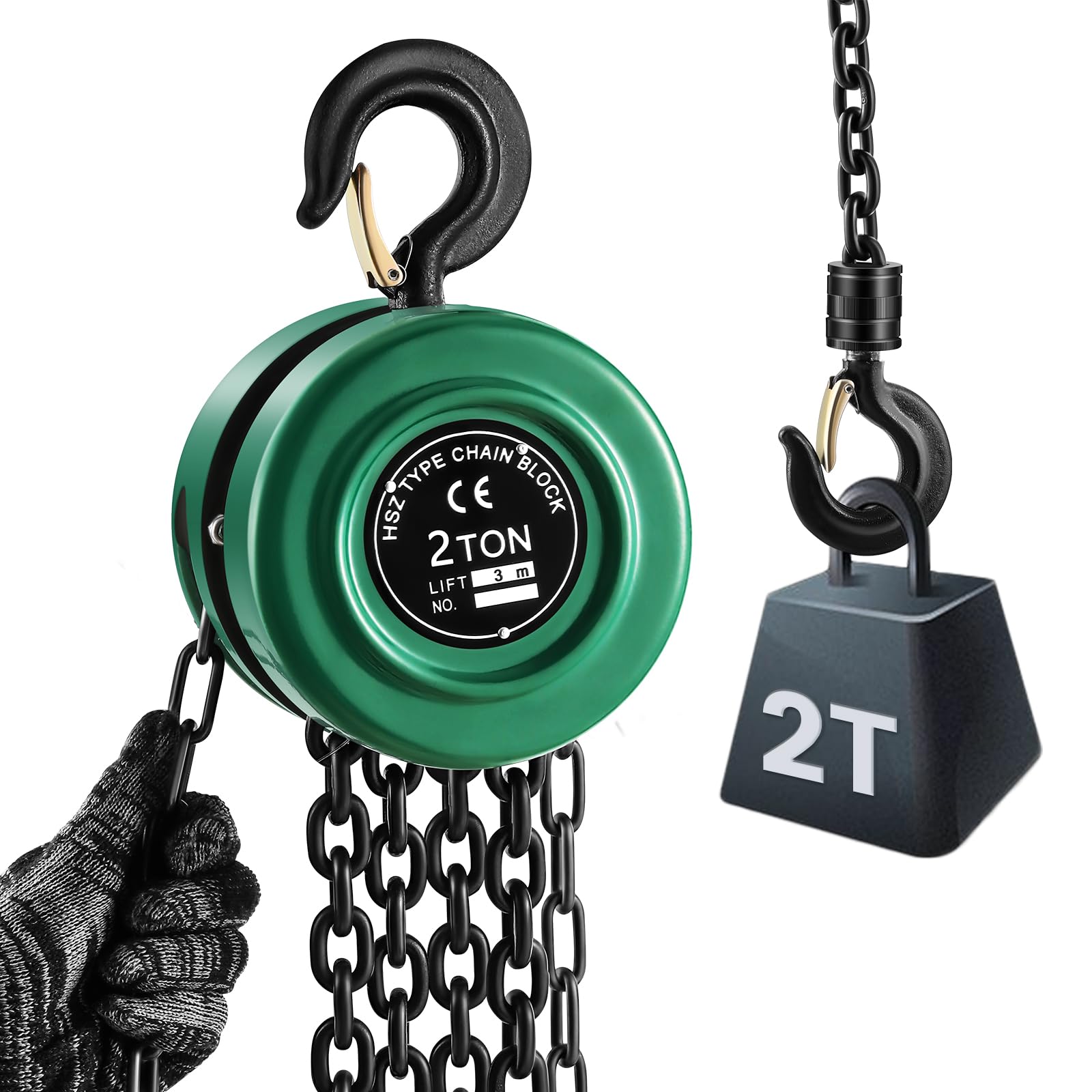 Huanyu Hand Chain Hoist 2 Ton 4400 Lbs Capacity 10FT Lift Manual Chain Block Hoist with 2 Heavy Duty Hooks Alloy Steel Manual Chain Fall for Garages Warehouse Automotive Machinery (2T)