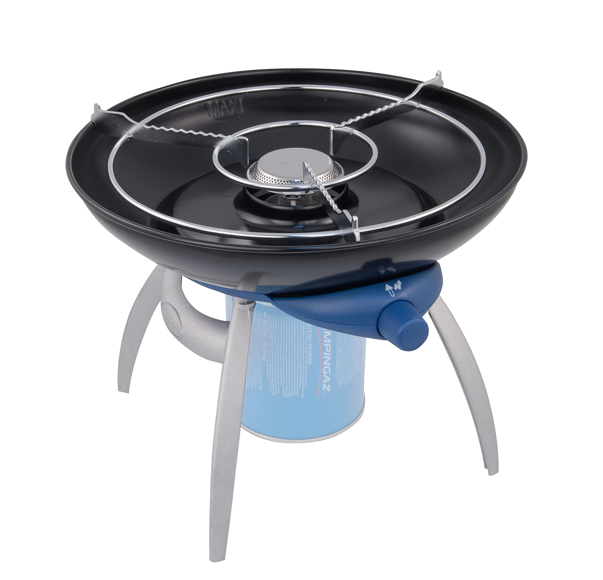 Campingaz Party Grill, Kleiner Grill für Camping, Festivals oder Picknick, Camping-Grill mit flexiblen Kochmöglichkeiten, Gaskocher Antihaftbeschichteter Grillplatte und Topfträger, Blau, 2000037330