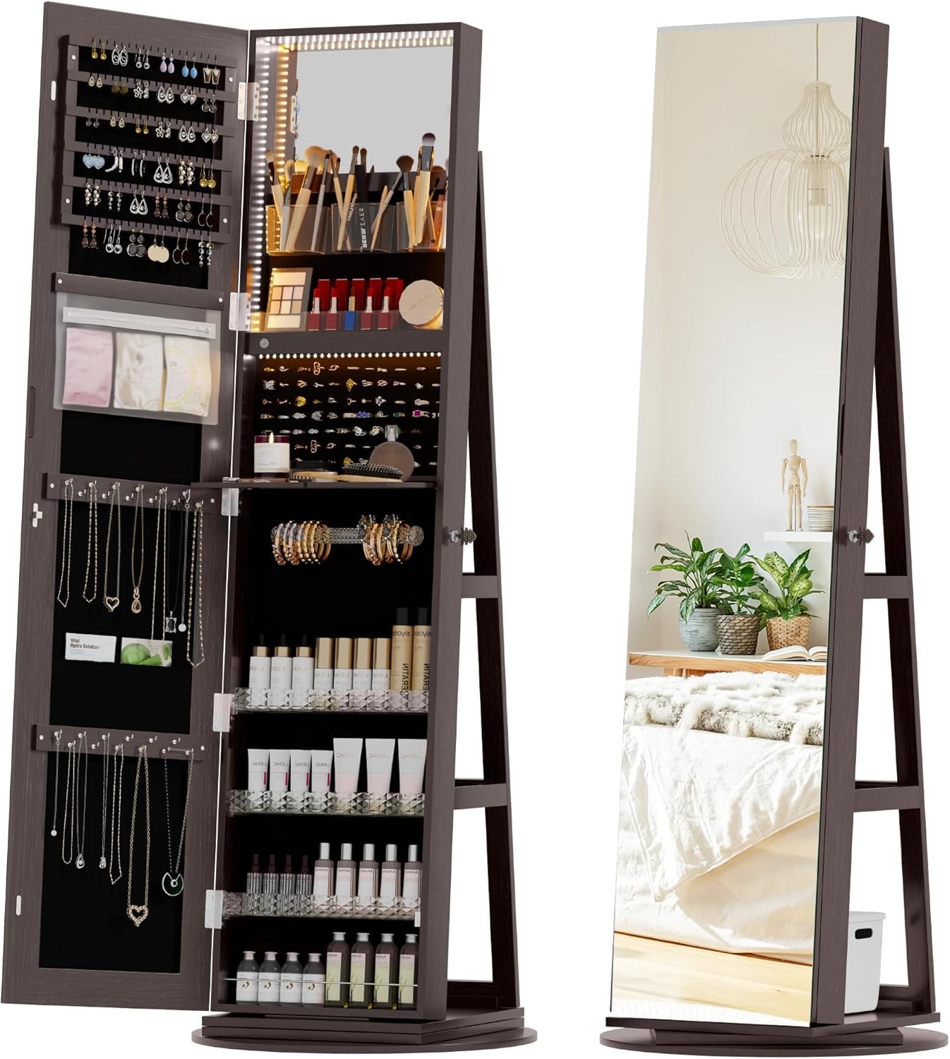 Full Length Mirror Armoire with LED Lights, Lockable Cabinet with Jewelry Storage, 360 Swivel Mirror Cabinet for Women and Girls Gift