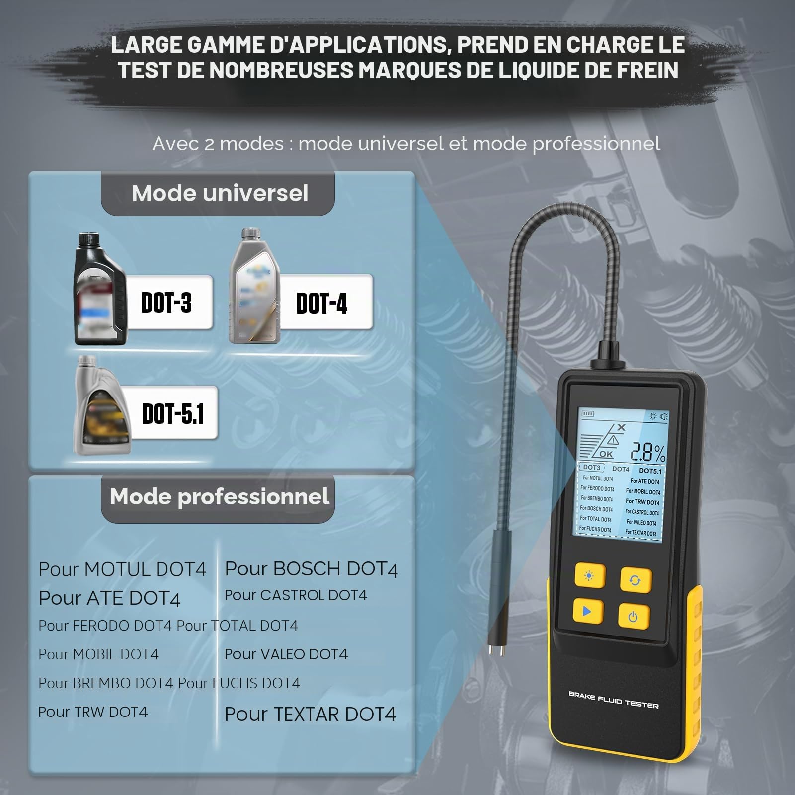 BELEY Testeur Numérique de Liquide de Frein pour Voiture avec écran LCD Rétro-éclairé et Sonde D'analyse de L'humidité de L'huile de Haute Précision pour DOT3 DOT4 DOT5.1 Détecteur de Liquide de Frein