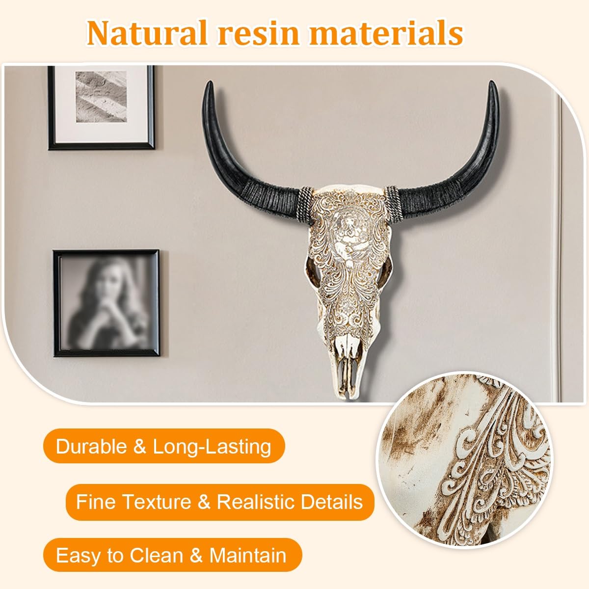 Cráneo de vaca sintética con cuernos largos, arte de resina para colgar en la pared, decoración de cabeza de taxidermia sintética, calaveras rústicas para bar, garaje o casa de campo