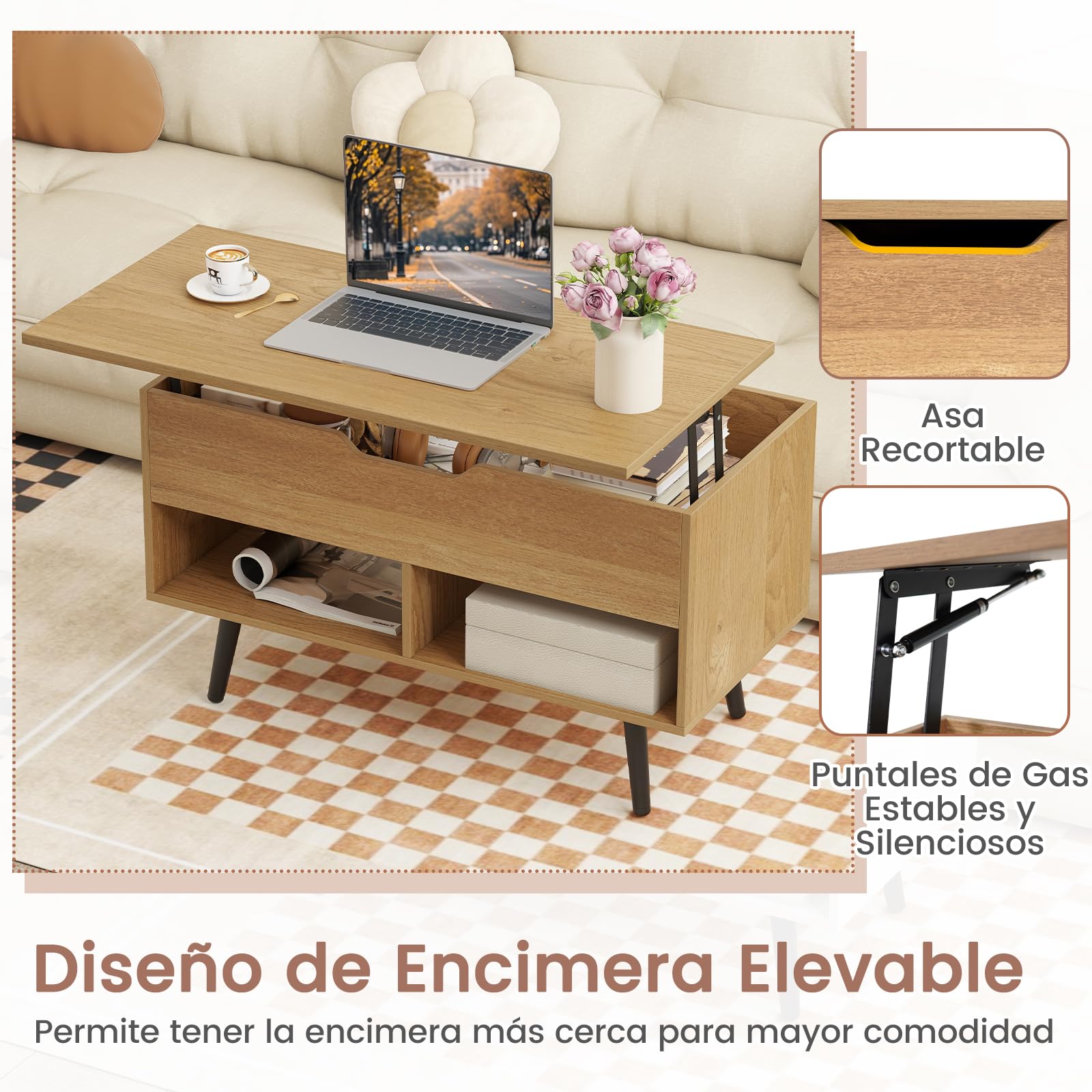 COSTWAY Mesa de Centro Elevable de Madera, Mesa de Cóctel Moderna con Compartimento Oculto & 2 Estantes Abiertos, para Salón, Sala de Recepción, Oficina (Natural)