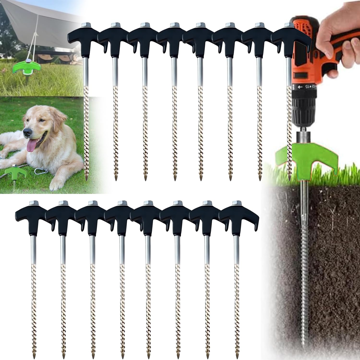 8" Screw in Tent Stakes Heavy Duty, Ground Anchors Screw in, Metal Threaded Tent Spikes, Tent Pegs Camping Stakes, Tent Stakes for Trampoline Tent Canopy Dog Anchors Outdoor Camping (16PCS, Black)