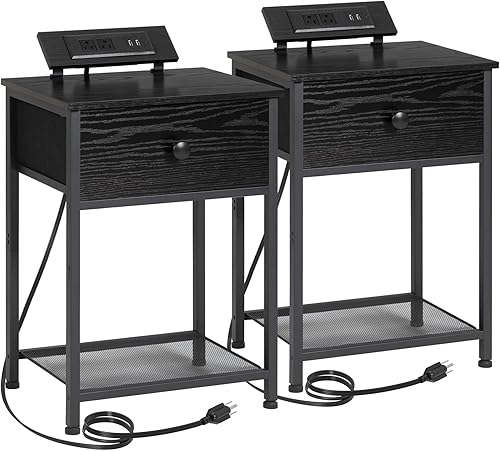 AMHANCIBLE HET03SDPDG - Juego de 2 mesas auxiliares para sala de estar, mesita de noche pequeña con estación de carga, mesa auxiliar de cama delgada