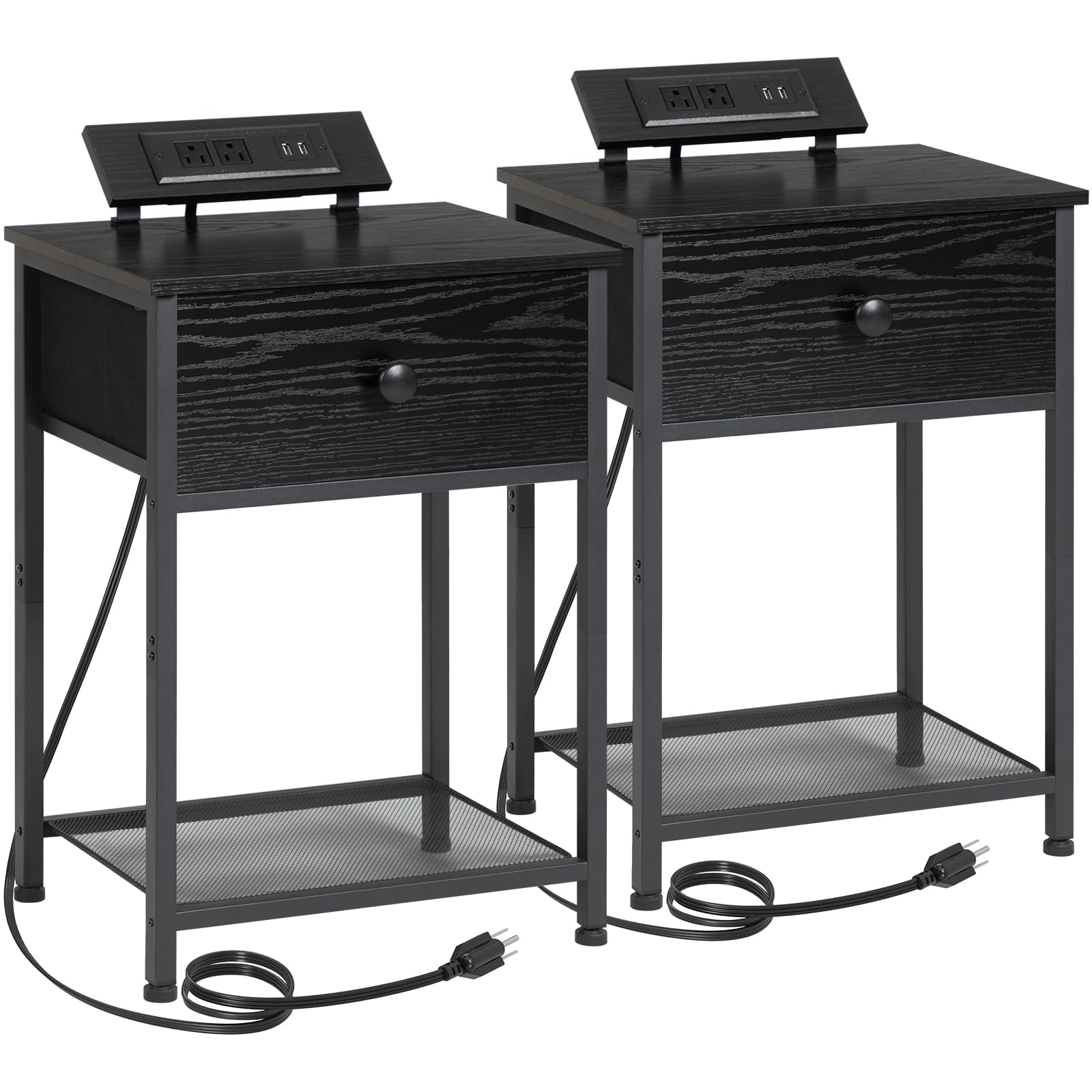 AMHANCIBLE Night Stand, Black Nightstand Set of 2, Small End Tables Living Room with Charging Station, Slim Bed Side Table with Fabric Storage Drawer for Bedroom, Small Space, HET03SDPBK