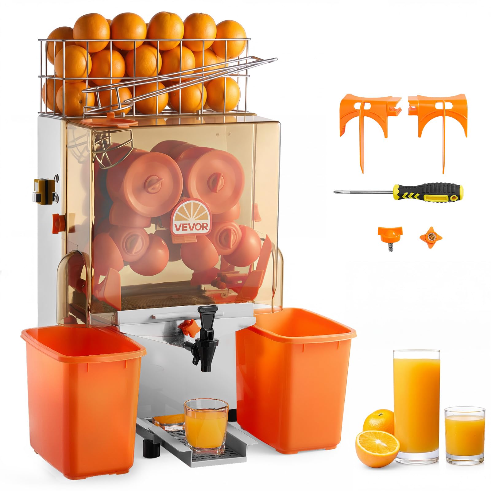 VEVOR Exprimidora de Naranjas Comercial 120 W de Acero Inoxidable y PC, Con 2 Recipientes Recolectores, Con Grifo, Capacidad para Hasta 20 Naranjas por Minuto, Para Limones y Cítricos 55-80 mm