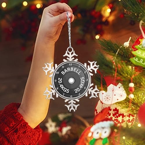 Vista 77 de Plato de pesas con barra para amantes del fitness, adornos de Navidad 2022, adornos de copo de nieve, decoraciones de Navidad para árbol, novedad