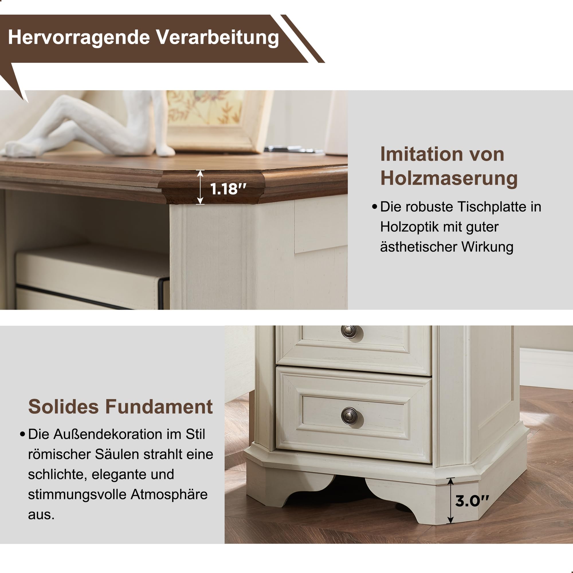 Landhausstil Nachttisch mit Ladestation, 45 cm Beistelltisch mit 2 Schubladen, Holztisch, Bettkombination für Schlafzimmer, Wohnzimmer (Antik Weiß)