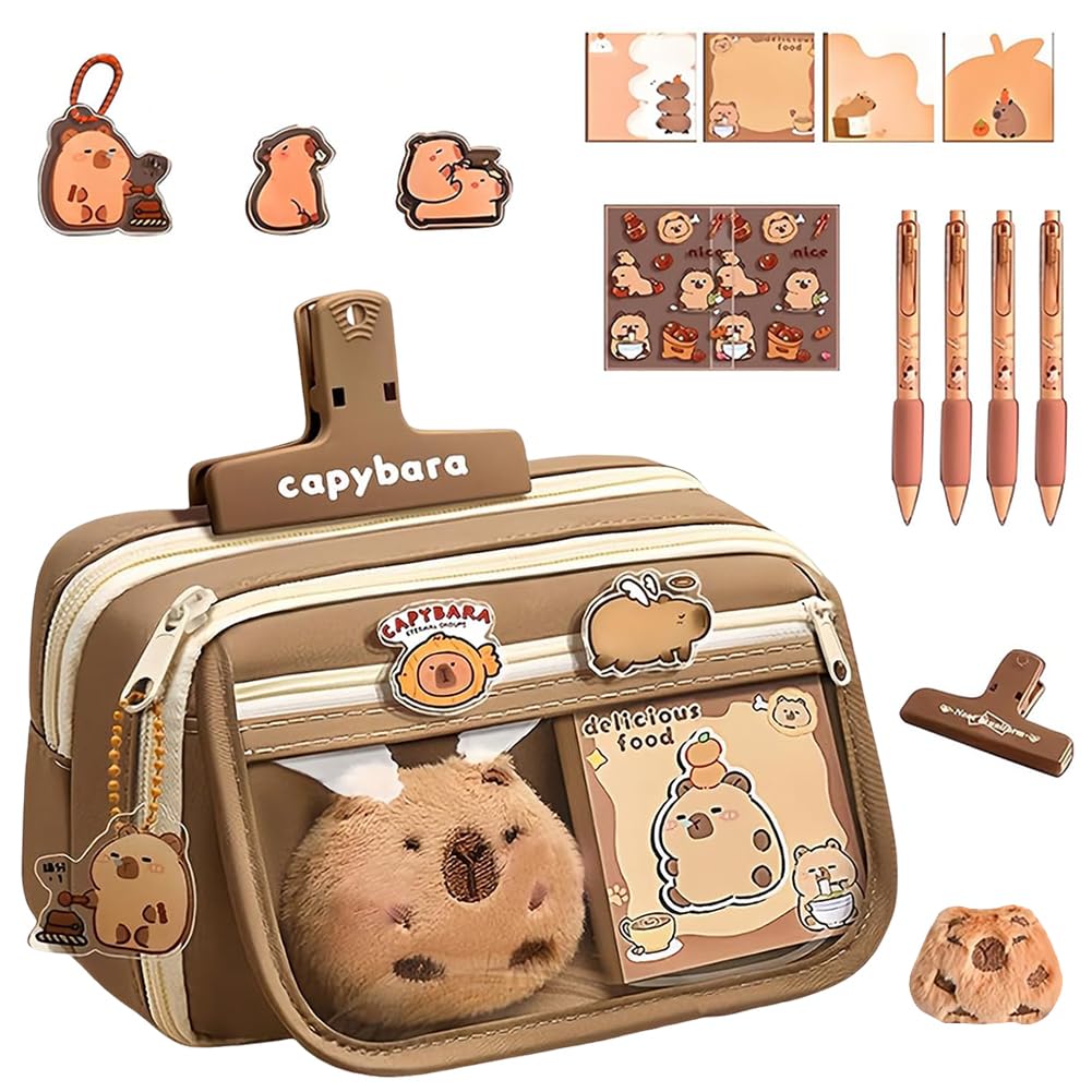 HATFRYF Capybara Pencil Case, Capybara Stationery Set, Capybara Gifts for Kids, Cute Animals Large Capacity Pencil Pouch Include Stickers Note Keychain Brooches for Students School Supplies