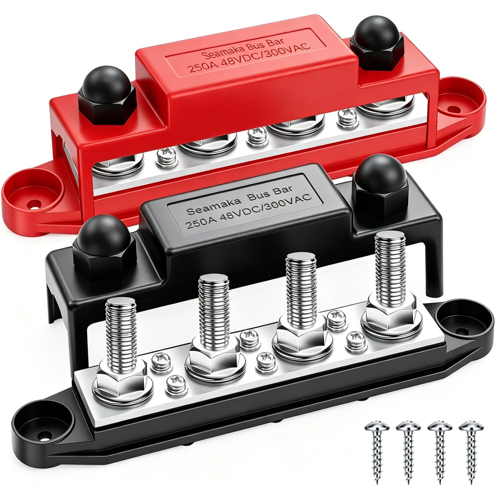 250A 12V Bus Bar Marine 12V,Power Distribution Block with Cover with 4 x 3/8”Post 6 x #8 Screws Terminals,Battery Bus Bar with 4PCS Battery Lugs and 4PCS Heat Shrink Tubing for Car Boat Solar Wiring