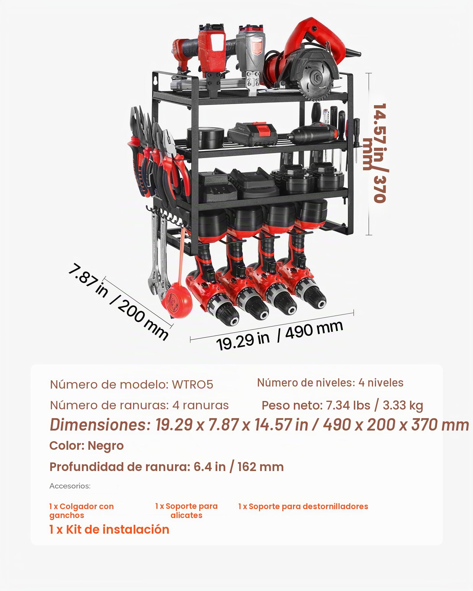 VEVOR Organizador de Herramientas Eléctricas de Pared, Estante de Almacenamiento de 4 Capas con 4 Soportes para Taladros, para Garaje, Banco de Trabajo y Taller, 490 x 200 x 370 mm, Carga 60 kg