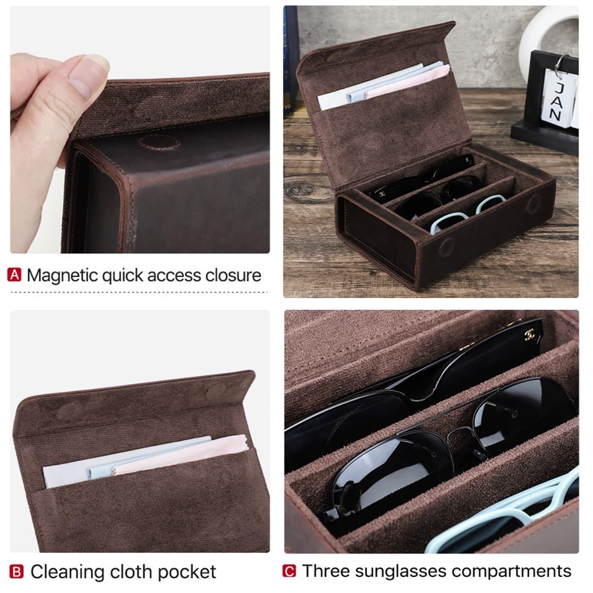 Étui à Lunettes en Cuir Vintage, 3 emplacements, Fermeture magnétique, Poche Chiffon Nettoyage, Portable Homme Femme