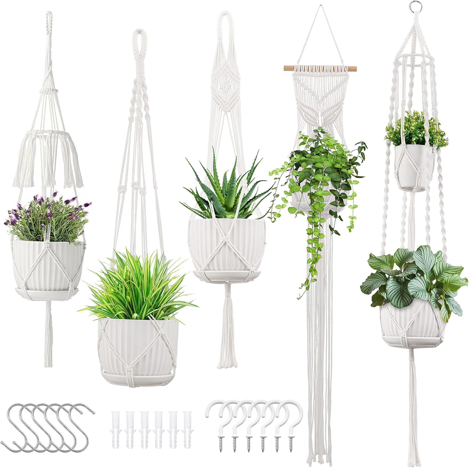 Macrame Plant Hangers, 5Pack Hanging Planters w/Gift Box for Indoor Plants w/ 5 Set Hooks Handmade Cotton Rope Hanging Plant Holders Plant Hanger Indoor for Boho Home Decor (Planter Pot Not Included) White