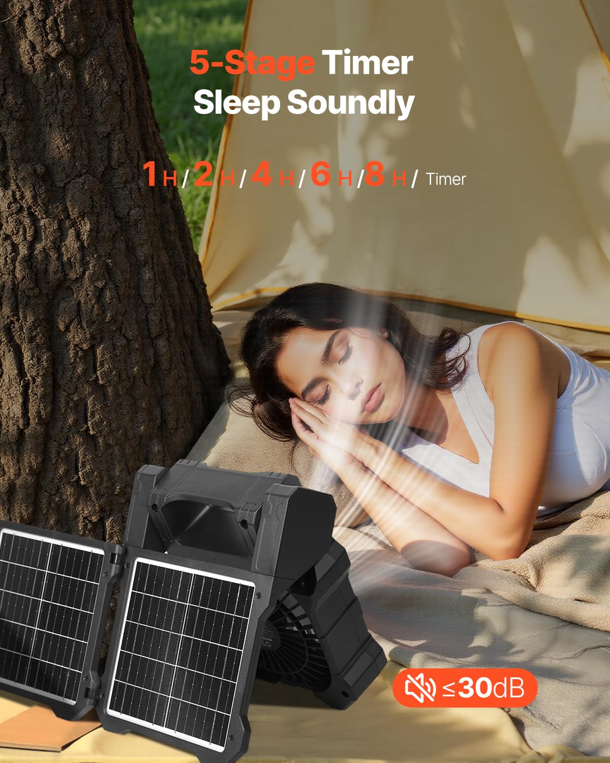 VEVOR Ventilatore Solare Ricaricabile 20000 mAh con Lanterna a LED, Ventilatore Portatile Senza Fili da 20 cm con Pannello Solare Pieghevole da 7 W 5 Velocità, Alimentato a Batteria USB per Campeggio