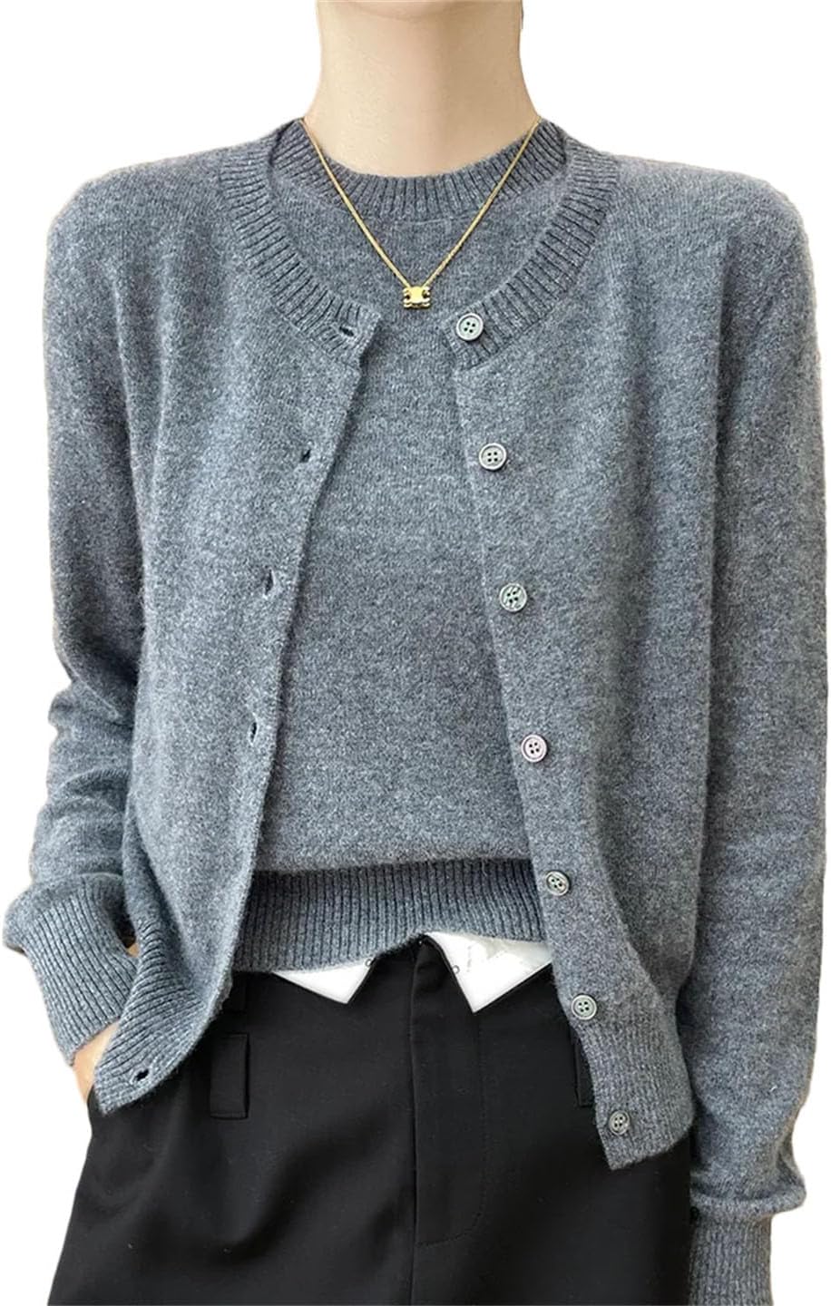 Women Chic Wool Twinset O-Neck Cardigan Pullover Cashmere Winter 100 Percent Merino Wool Sweater