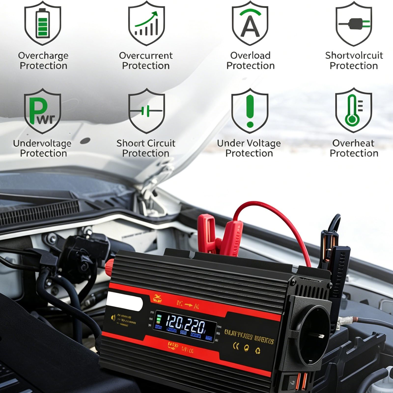2000W Wechselrichter Spannungswandler 12V auf 230V, Modifizierte Sinuswelle Inverter mit 1 AC Steckdose & 2 USB Port Stromwandler und LCD-Anzeige, Stromumwandler Adapter für Auto KFZ Wohnwagen LKW