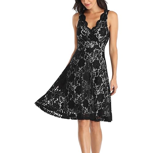 MISS MOLY Women's Floral Lace Overlay Fit and Flare Dress Sexy V-Neck Knee Length Elegant Party Wedding Dress