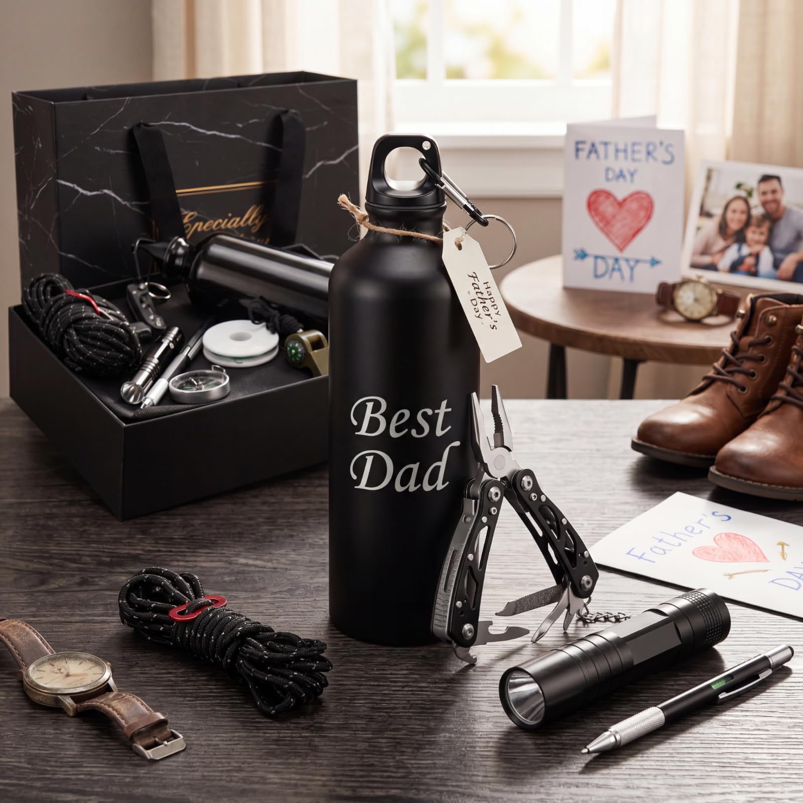 Kit de survie 9 pièces - Paniers d'anniversaire pour homme - Kit de survie en plein air avec bouteille d'eau, pince, lampe de poche, boussole, sifflet, stylo ligne de pêche pour mari et frère