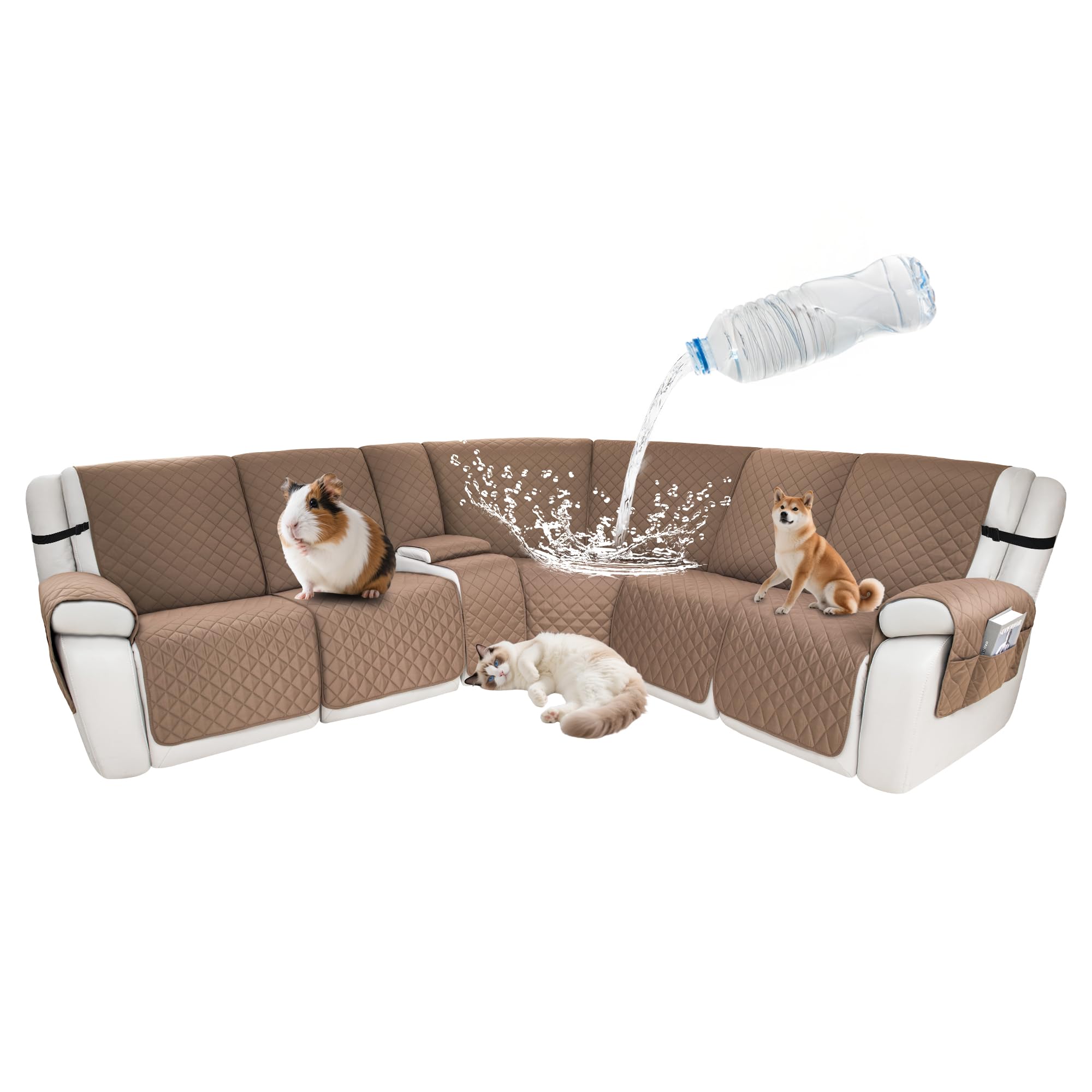Waterproof Sectional Reclining Couch Covers L Shaped Recliner Sectional Sofa Cover 8 Piece Non Slip Washable Corner Recliner Slipcover Set for Pet Dog (5 Seater 1 Console Cover,Latte Coffee)