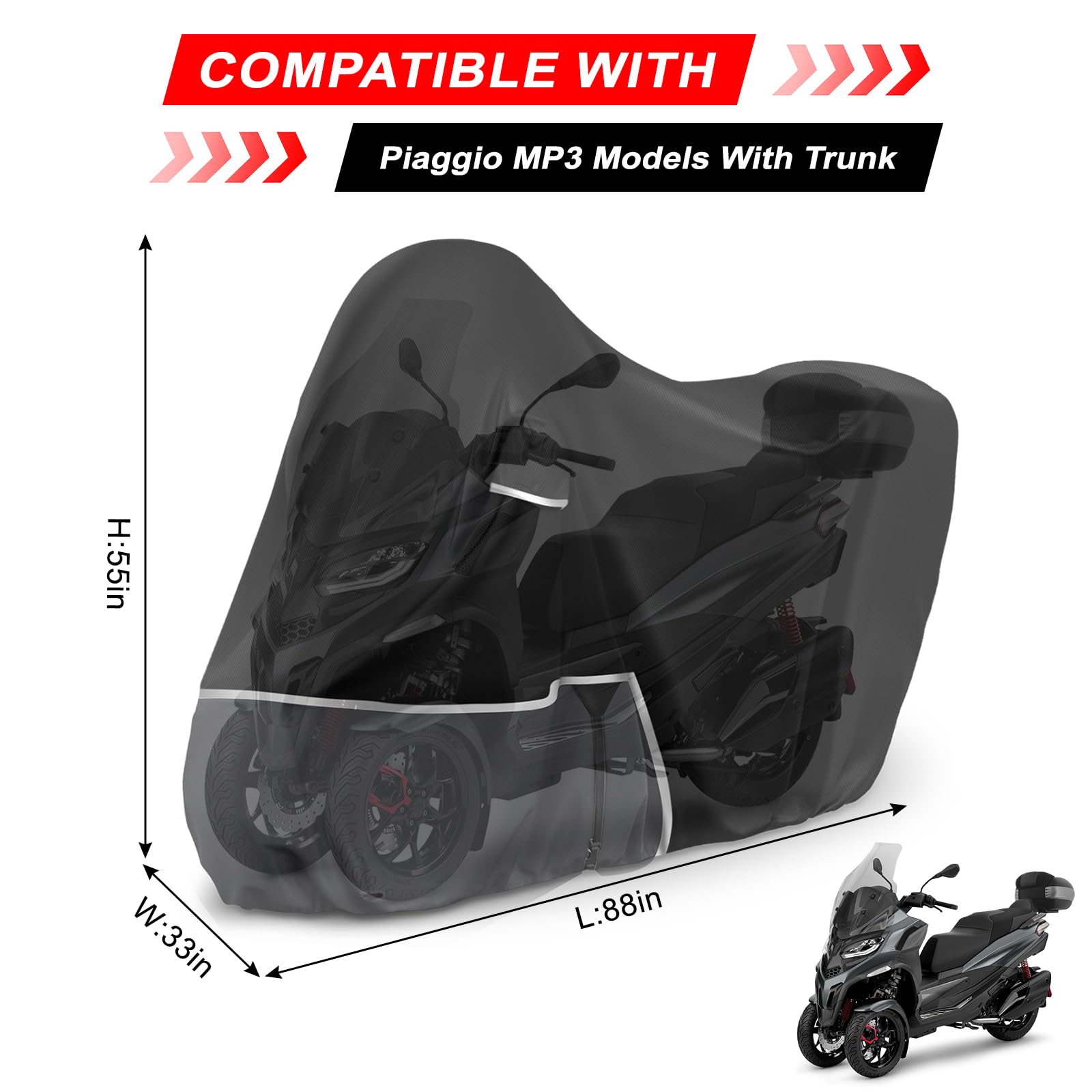 Telo Copri da Esterno per Piaggio mp3 400/500 (con bagagliaio), Telo Copertura Coprimoto Copri Moto mp3 400 500 420D Tessuto Oxford Impermeabile Resistente All'inverno, Nero e grigio scuro