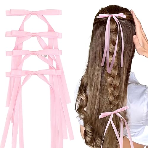 VOBOBE 4PCS Hair Bows for Women Girls, Pink Tassel Ribbon Bowknot Hair Clips Barrettes for Girl with Long Tail, Solid Satin Hair Accessories (Pink) - Pink