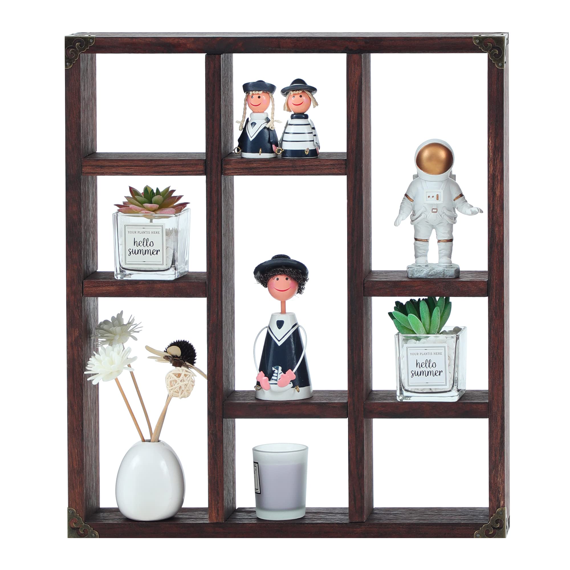 Multi Compartment Floating Shelves, 45X30cm, Storage Display Shelf Organiser Unit, Solid Wood Cabinet, Freestanding or Wall Mounted, for Collectibles Memorabilia Artwork, Home Decor(Dark Walnut)