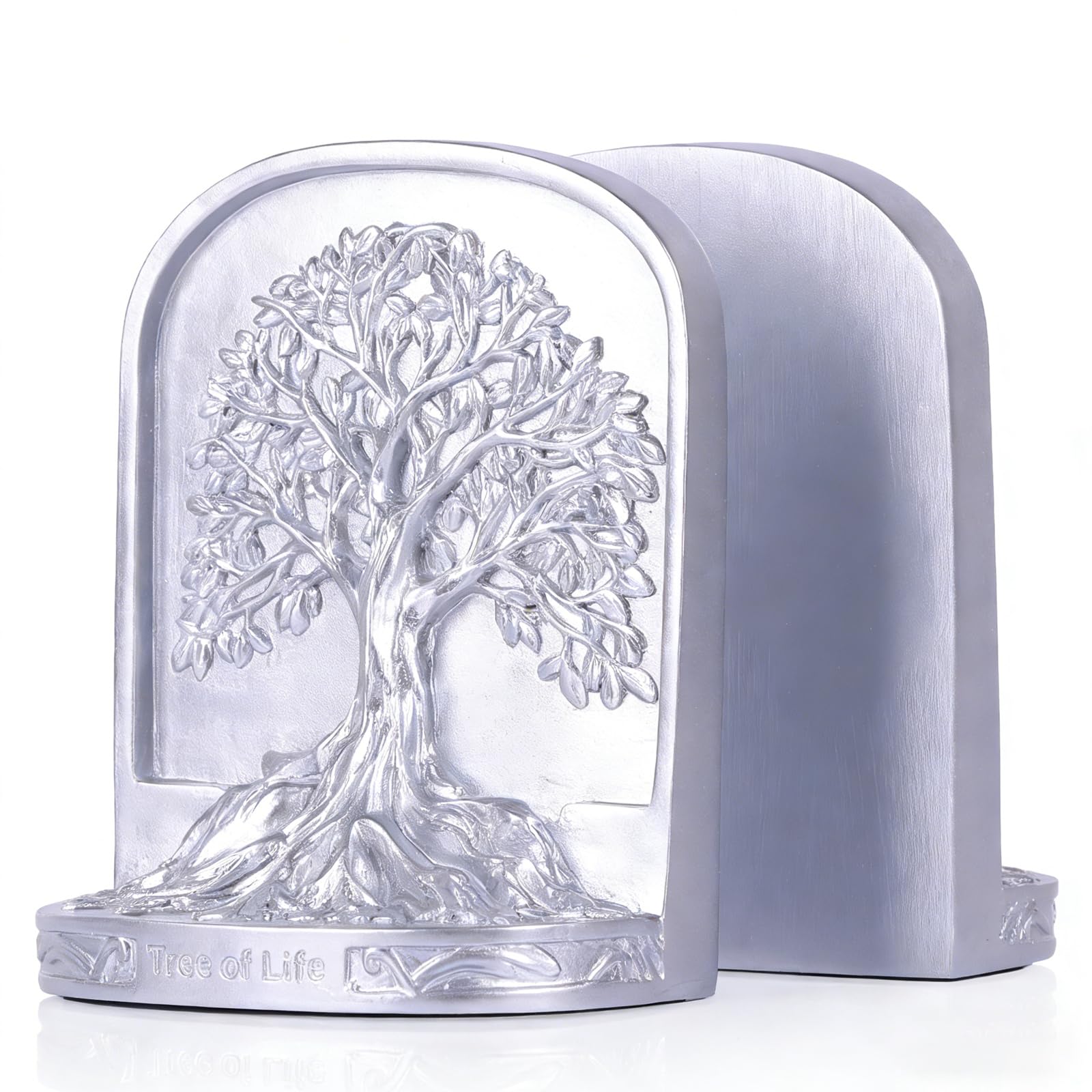 Tree of Life Bookends Silver, Antique Style Resin Book Ends for Shelves, Heavy Duty Decorative Bookends for Large Books, Sturdy Non Slip Bookends Set of 2, Vintage Rustic Shelf Decor