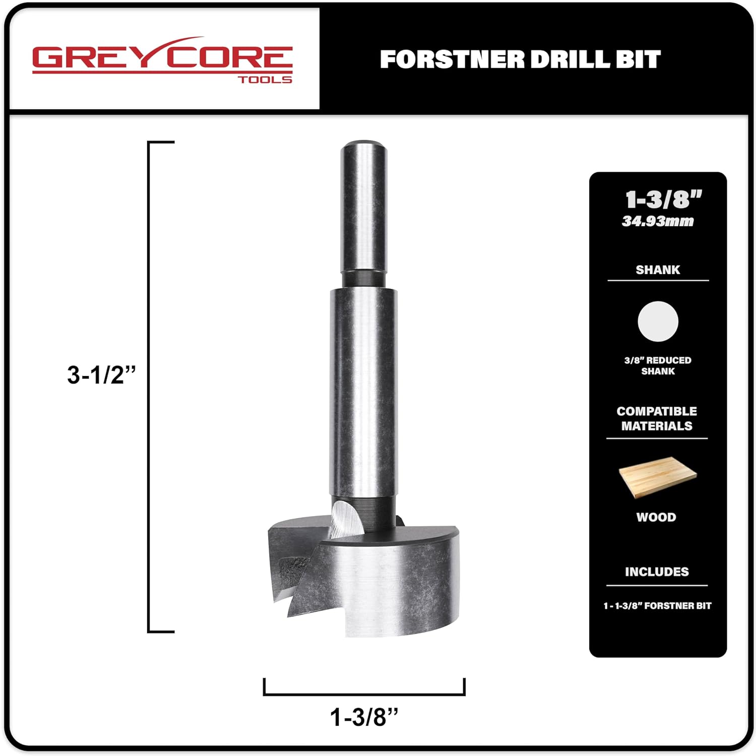 Greycore Tools 1-3/8 Inch x 3-1/2 Inch Forstner Drill Bit, High Speed Steel for Woodworking - Hardwood, Softwood and Plywood (1-3/8” Forstner)