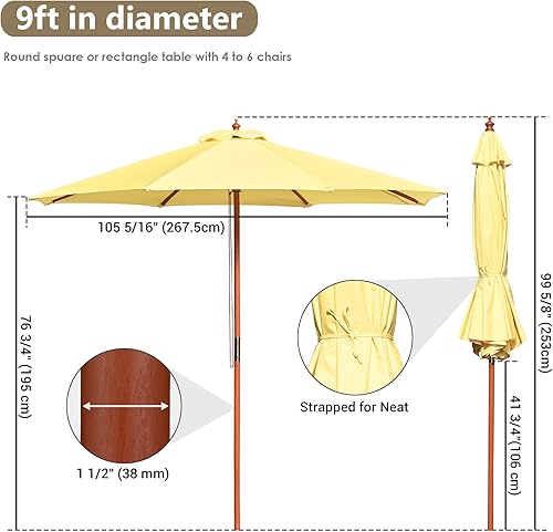 Miniatura 7 de Yescom Paraguas de madera para patio al aire libre, mercado, jardín, patio, playa, terraza, cafetería, sombrilla