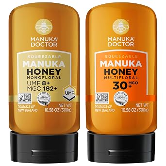 MANUKA DOCTOR -UMF8/ MGO 182+ Monofloral SQUEEZY and MGO 30+ Multifloral SQUEEZY Manuka Honey Value Bundle, 100% Pure New Zealand Honey. Certified. RAW. Non-GMO