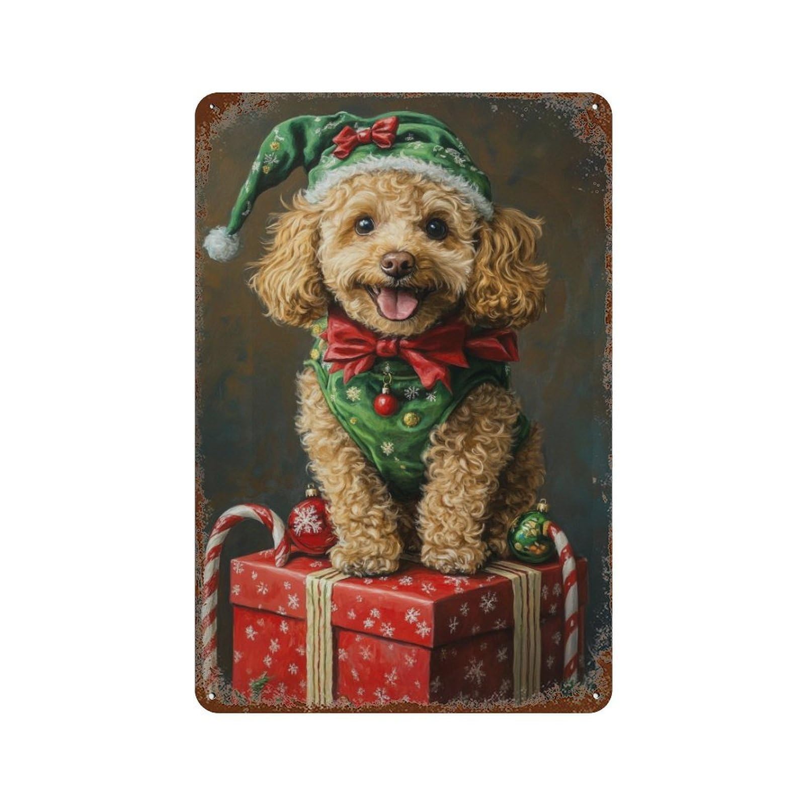 Christmas Poodle with Presents-1 Vintage Rust Metal Sign 11.8"x7.9", Shabby Chic Decor for Living Room, Hallway And Home Decor