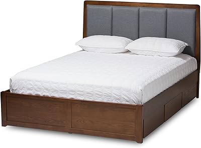 Amazon Com Baxton Studio Brannigan Modern And Contemporary Dark Grey Fabric Upholstered Walnut Finished Queen Size Storage Platform Bed Furniture Decor