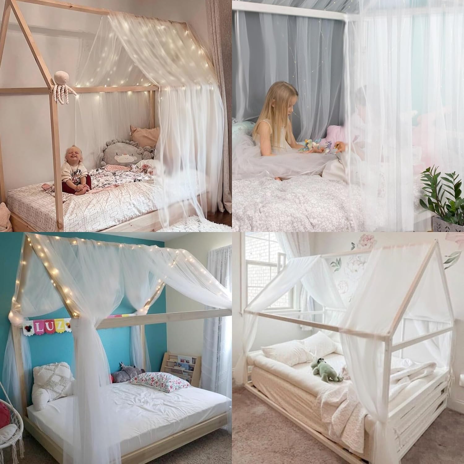 Comtelek Himmelbett Vorhänge mit 2pcs Himmelbett Stange, Organza Stoff Hochzeit Vorhang Weiß Fenster Deko Tüllstoff Meterware Transparent für Betthimmel Doppelbett Hochzeit Traubogen Boho deko (255in)
