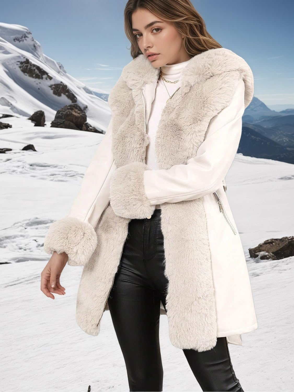 RISISSIDA Luxurious Women Winter Fur Lined Coat, Leather Jacket with Hooded Long Fur Collar, Thick Warm Heavy Overcoat Belted - Image 3