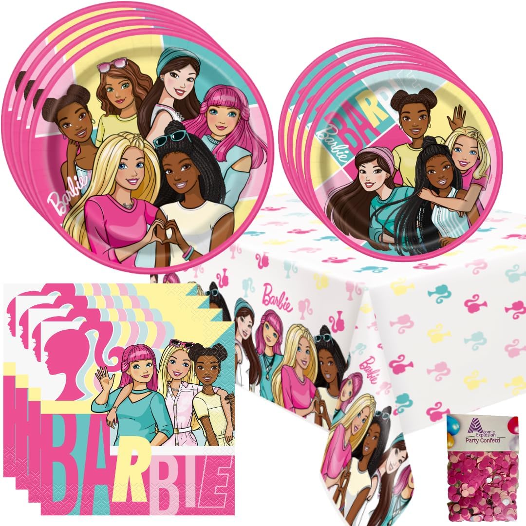 Barbie Party Supplies Set, Pink Plates and Napkins for 16 Guests,Barbie Table Cover, Party Confetti, Birthday Party Decorations