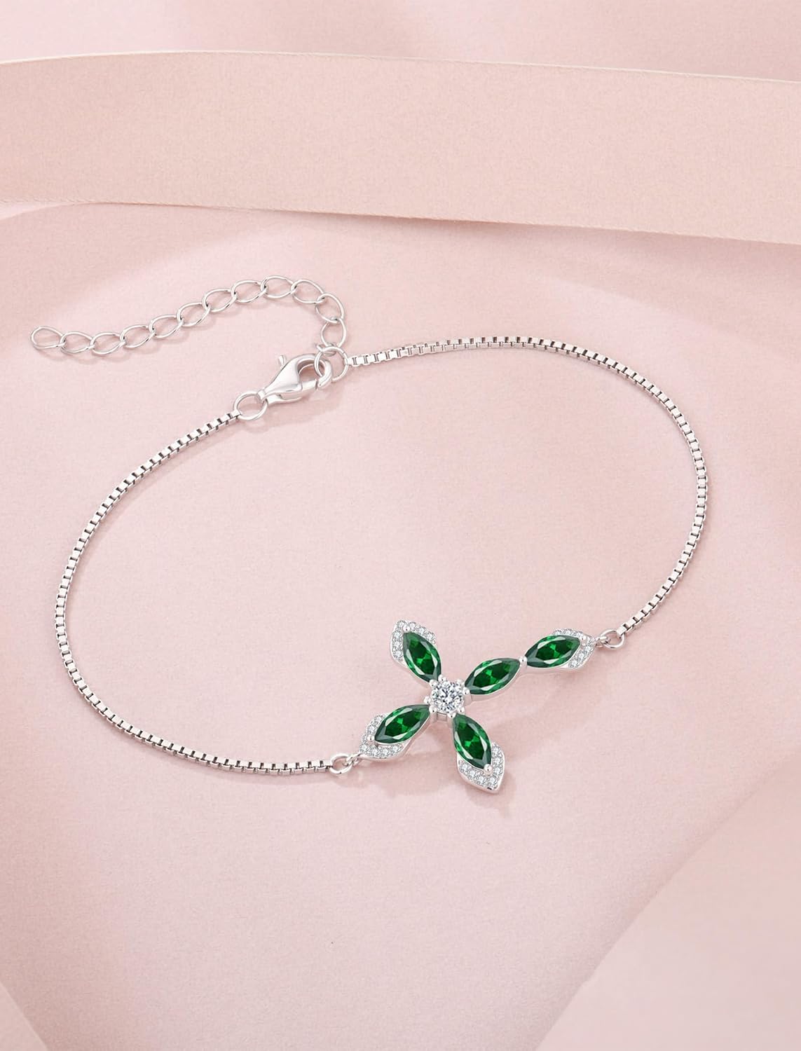 Cross Bracelet for Women 925 Sterling Silver Halo Gemstone Religious Christian Bracelet Birthstone Jewelry for Her