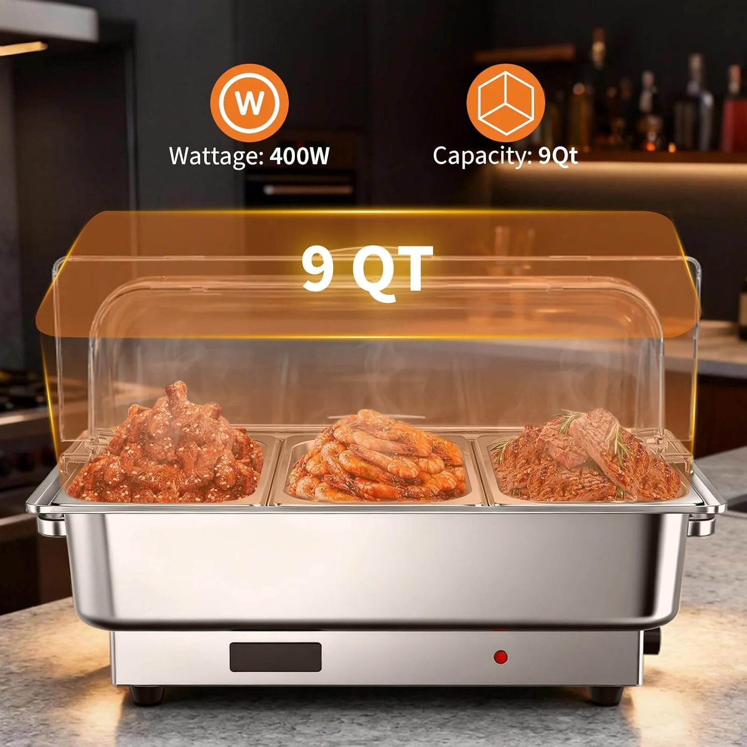 GarveeHome Electric Chafing Dish Buffet Set,3 x 3 QT Stainless Steel Food Warmers, 600W Digital Display Temperature Control Serving Trays for Parties Catering Weddings, Sections Dishwasher Safe