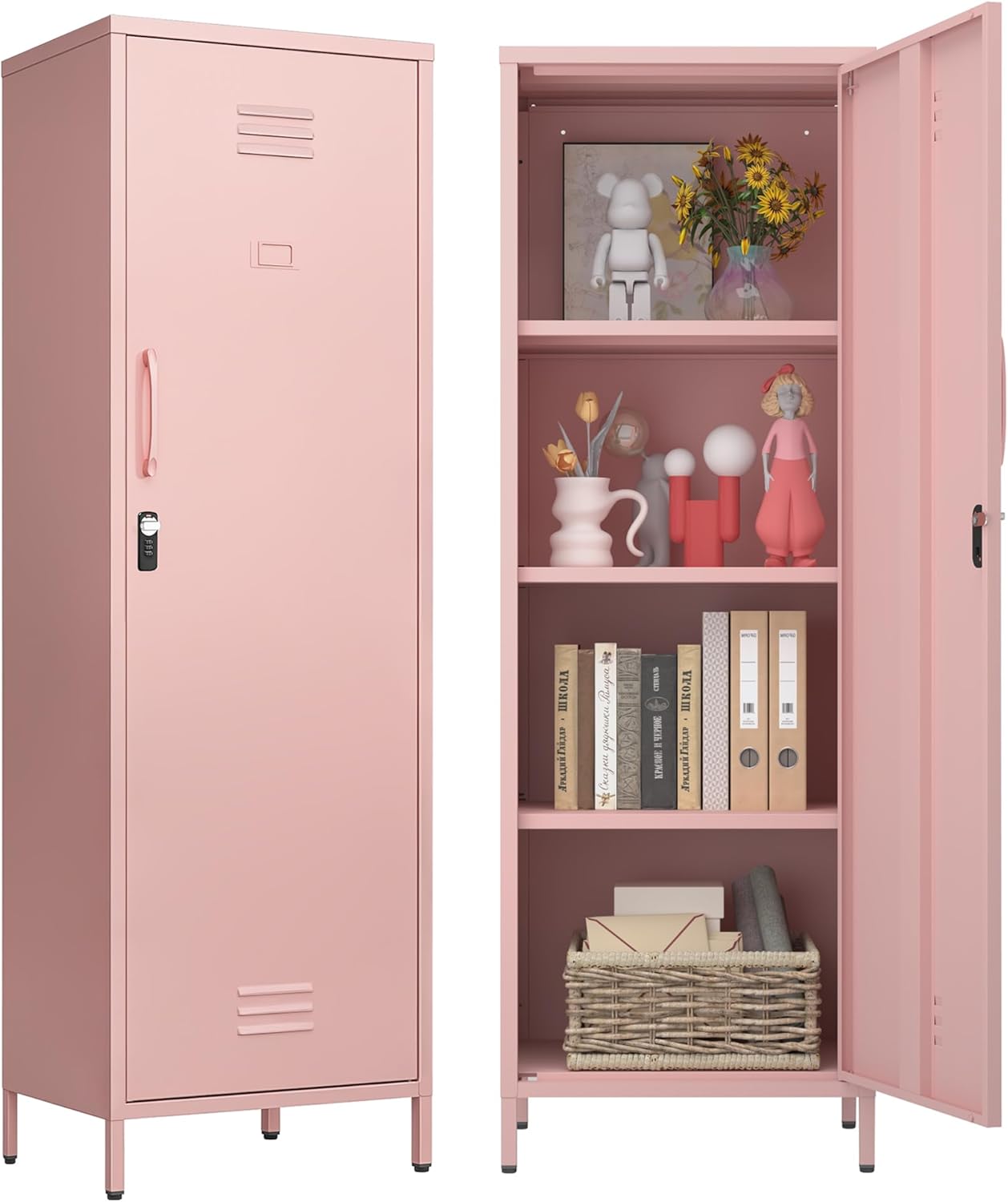 Metal Locker Storage Cabinets, Kitchen Food Pantry Cabinet, 59" H Pink Locking File Cabinets with 2 Doors and Shelves for Dining Room, Living Room,Bathroom Office,Home,Garage, Gym, School