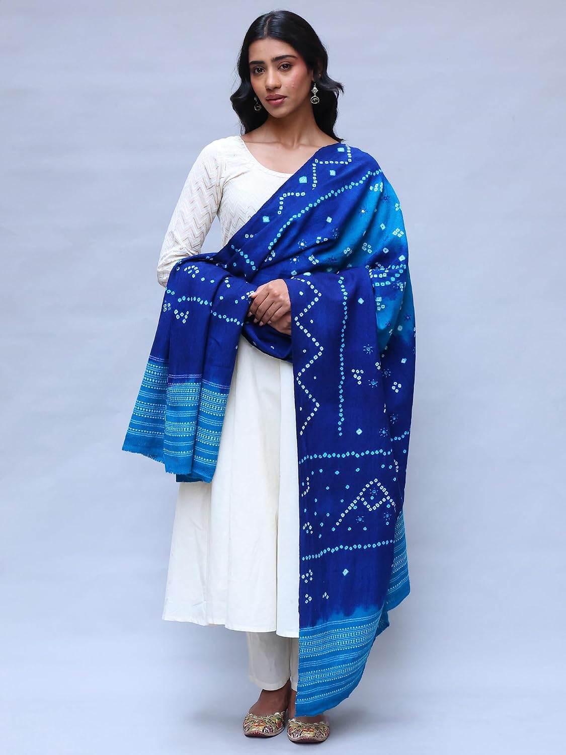 Exotic India Bandhani Tie-Dye Shawl from Kutch with Embroidered Mirrors - Pure Wool