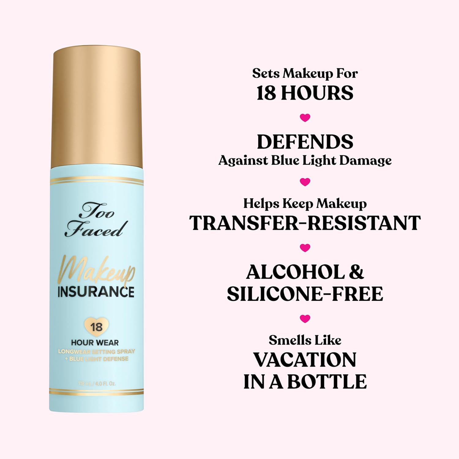 Too Faced Makeup Insurance Setting Spray | Hydrating, Long Lasting, Vegan + Cruelty Free, 4 Fl Oz - Image 3