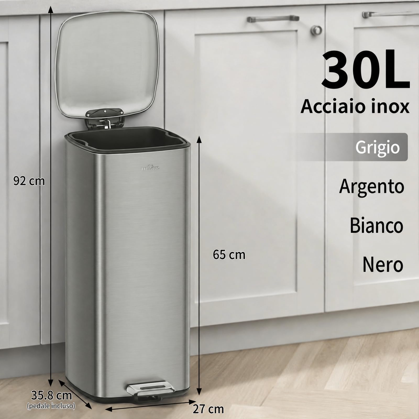mVm Pattumiera Slim da Cucina in Acciaio Inox, 30L Forma Rettangolare Alta e Stretta, Coperchio Sottile Soft Close, Secchio Interno Rimovibile, Pedale Antiscivolo, 4 Colori