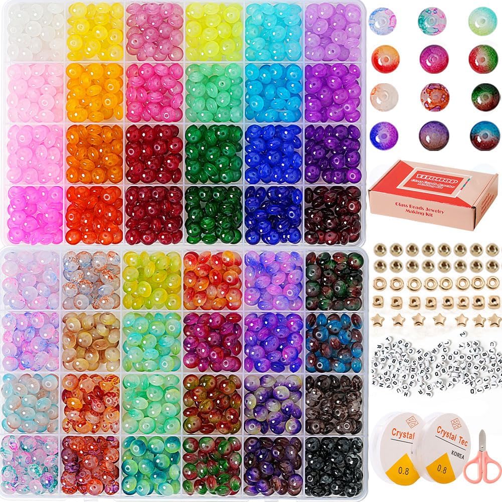 Glass Beads, Rondelle Crystal Beads for Jewelry Making, 48 Colors 5x8 mm 1500 Pcs Abacus Glass Beads Kit with Letter Beads for Friendship Bracelets,Necklace,Crafts Gifts