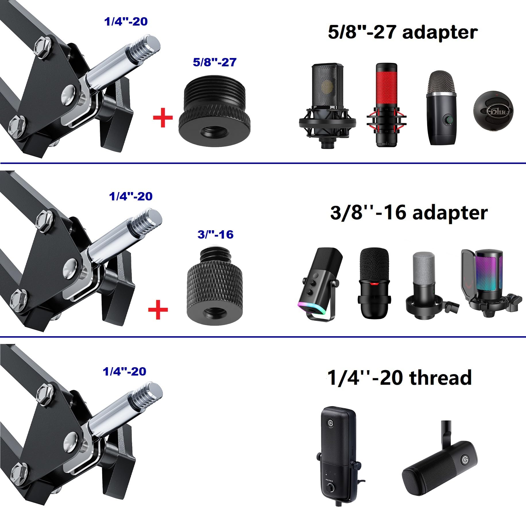 Support de microphone au sol pour Blue Yeti, Nano, Snowball, HyperX, Razer, Logitech USB et micro à condensateur, support réglable avec filetage 1/4" et adaptateur 3/8" 5/8", filtre anti-pop, clip de