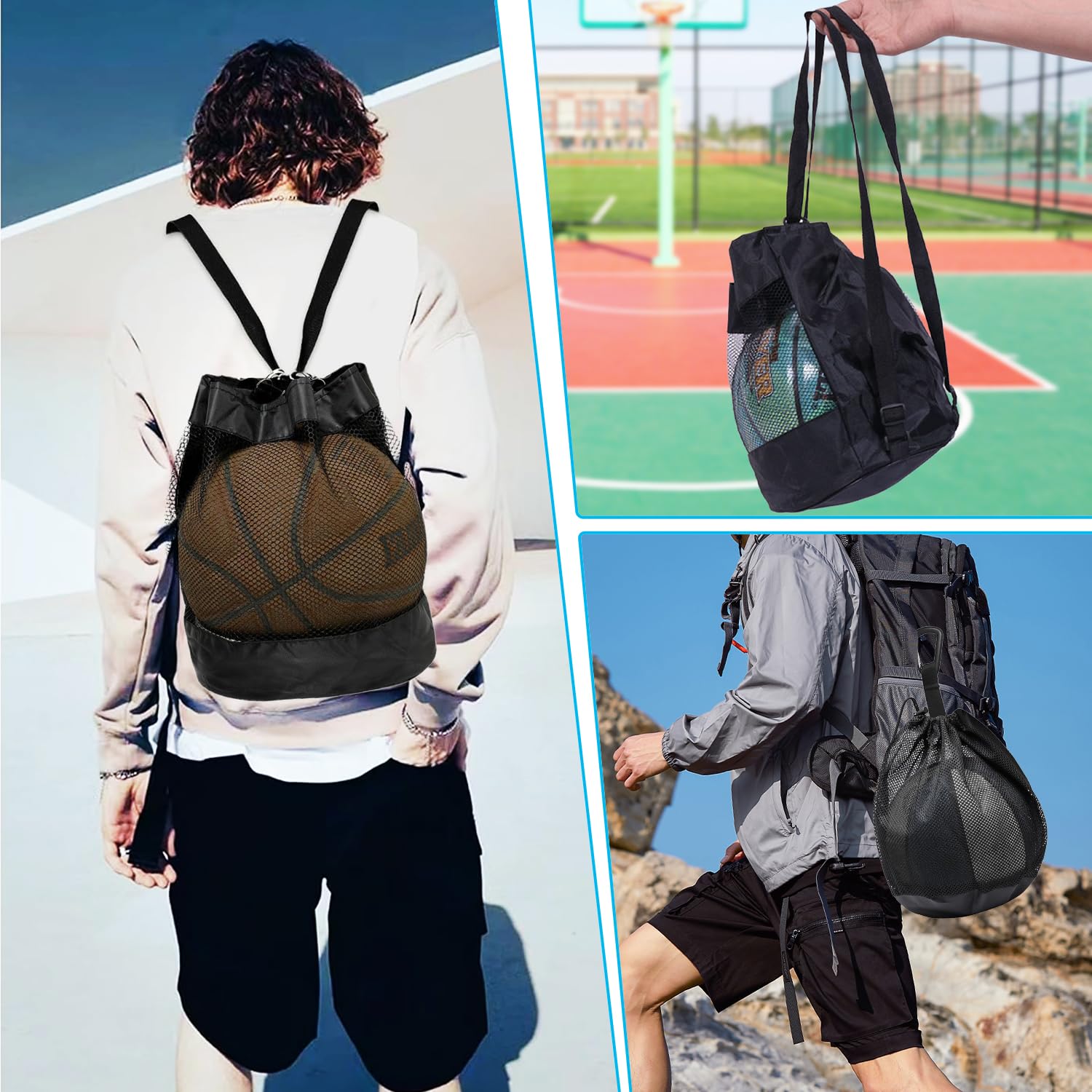 2 Pièces Sacs à Balles, Sacs Basketball, Sac à Ballon en Maille Oxford, Sac Ballon de Basket, Filet Pliable avec Poche Zippée et Mousqueton pour Basketball, Football, Volley (Adolescents & Adultes)