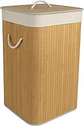 Cesto de Bambu Ecológico para Lavanderia com Tampa e Alças de Fibra Natural - Bege - 65 Litros