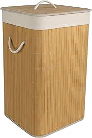 Cesto de Bambu Ecológico para Lavanderia com Tampa e Alças de Fibra Natural - Bege - 65 Litros